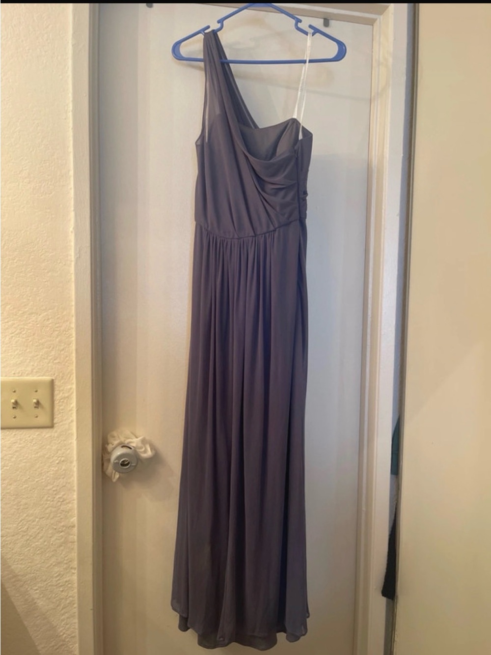 David's Bridal One-Shoulder Gray Lavender Maxi Dress